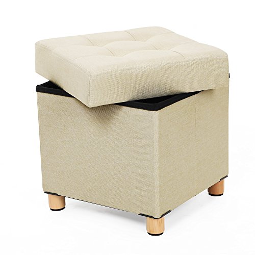 Songmics Sitzhocker viereckige Sitztruhe Fußhocker Aufbewahrungsbox mit Holzfüßen Deckel 38 x 40 x 38 cm (B x H x T) beige LSF14BE