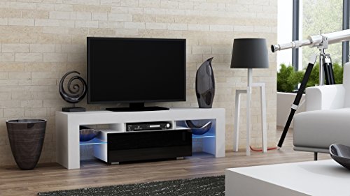 TV LOWBOARD SCHRANK TISCH BOARD HOCHGLANZ 130 cm mit RBG LED-Beleuchtung HIT (korpus matt weiß + front schwarz hochglanz)