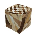 Homescapes Designer Sitzwürfel Fußhocker braun Patchwork Velours Lederhocker mit echten Ziegenleder Flicken