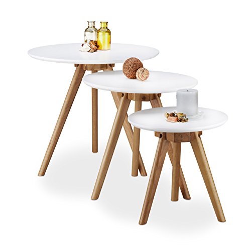 Relaxdays Beistelltisch 3er Set, lackiertes Eichen-Holz, weiße Tischplatte 50, 40 und 32 cm, im nordischen Design, weiß / natur
