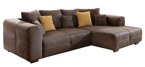 Ecksofa Love Seats / Polster Eck-Couch mit Kissen / In Antik-Leder-Optik mit nussbaumfarbenen Holzfüßen / 285x69x170 (B x H x T) / Braun