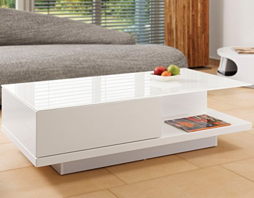 Couch-Tisch weiß Hochglanz mit Schublade 120x60cm recht-eckig | Carla | Moderner Wohnzimmer-Tisch mit Tischplatte aus Kristallglas weiss 120cm x 60cm