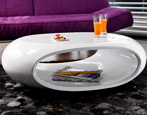 Couch-Tisch Hochglanz weiß oval 100x70 cm aus Fiberglas | Ofu | Moderner Wohnzimmer-Tisch in weiss mit trendiger Optik durch High-Gloss Oberfläche 100cm x 70cm