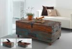SalesFever® Holz-Truhe, Couchtisch, Holztisch aus hochwertigem recyceltem Holz, 110 x 60 x 45 cm, massiver Wohnzimmer-Tisch mit 3 Deckel + 1 Schublade