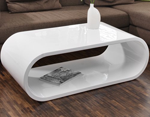 Couch-Tisch weiß Hochglanz 120x60cm aus MDF oval | Nofin |Schlichter Lounge-Tisch im Retro-Look | Wohnzimmer-Tisch weiss mit ausgefallenem Design 120cm x 60cm