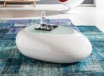 SalesFever® Couchtisch Jaik, aus weißem Fiberglas, 115,5 x 84 cm, abgerundeter Wohnzimmertisch, 8 mm Tischplatte aus Glas, Tisch mit pflegeleichter Oberfläche