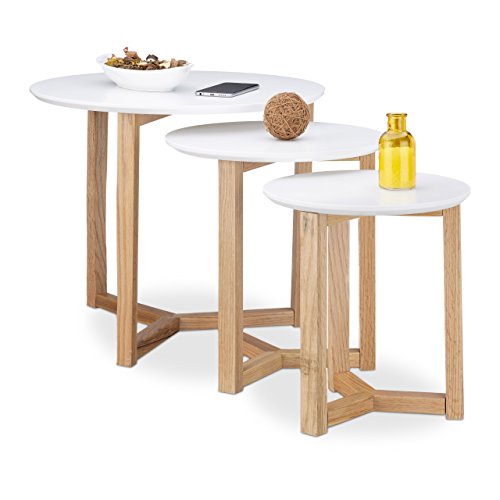 Relaxdays Beistelltisch 3er Set, geöltes Eichen-Holz, weiße Tischplatte 50, 35 und 30 cm, nordisches Design, weiß / natur