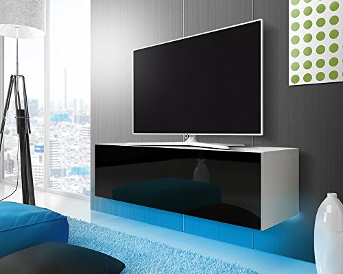 TV Schrank Lowboard Hängeboard SIMPLE mit LED Blau (Weiß Matt / Schwarz Hochglanz 140 cm)