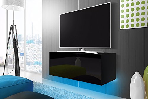 TV Schrank Lowboard Hängeboard SIMPLE mit LED Blau (Schwarz Matt / Schwarz Hochglanz 100 cm)