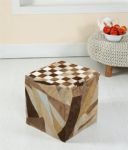 Homescapes Designer Sitzwürfel Fußhocker braun Patchwork Velours Lederhocker mit echten Ziegenleder Flicken