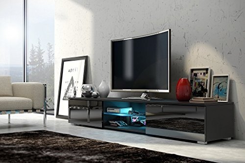 Edith – TV-Lowboard / TV-Bank / Fernsehschrank (140 cm, Schwarz Matt / Schwarz Hochglanz, LED in Blau)