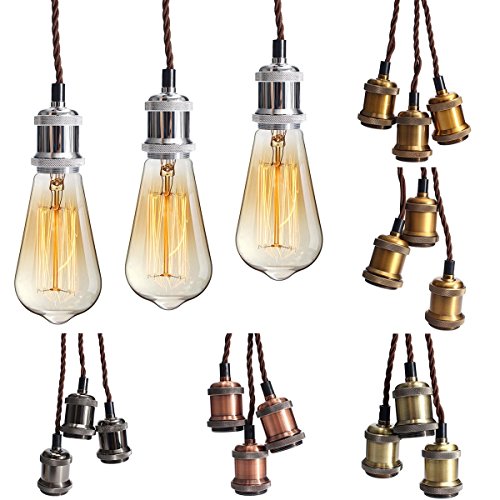KINGSO E27 Lampenfassung mit drei Fassungen Edison Pendelleuchte Hängelampe Halter DIY Lampe Zubehör im Vintage-Stil mit braunemTextilkabel & Baldachin