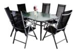 7-teiliges Gartenmöbel-Set – Gartengarnitur Sitzgruppe Sitzgarnitur aus Gartenstühlen & Esstisch (Glasplatte: klar mit Struktur) – Aluminium Kunststoff Glas – schwarz grau