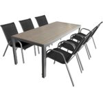 7-teiliges Gartenmöbel Set Aluminium Polywood Gartentisch 205x90cm + stapelbare pulverbeschichtete Gartenstühle Stapelstühle mit Textilenbespannung Sitzgruppe Sitzgarnitur Gartengarnitur