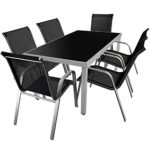 7-teiliges Gartenmöbel Set Gartengarnitur Aluminium Glastisch 150x90cm + Gartenstühle Stapelstühle Stahlgestell pulverbeschichtet mit Textilenbespannung Sitzgruppe Sitzgarnitur