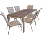 7tlg Gartengarnitur Sitzgruppe Gartenmöbel Set Aluminium Gartentisch mit Polywood Tischplatte 205x90cm Stapelstuhl pulverbeschichtet mit Textilenbespannung Champagner