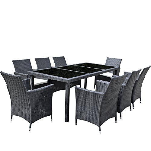 Gartenmöbel Set 8er Sitzgruppe Essgruppe "AsVIVA Dining exklusive" | premium Polyrattan schwarz | inkl. 8 Stühle, 5cm gepolsterte Sitzkissen und einem Esstisch schwarz