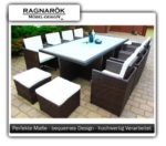 PolyRattan Essgruppe DEUTSCHE MARKE -- EIGNENE PRODUKTION -- 8 JAHRE GARANTIE Tisch + 8 Stuhl & 4 Hocker Garten Möbel mit Glas und Polster Ragnarök-Möbeldesign ( braun ) Gartenmöbel Gartentisch Aluminium Rattan