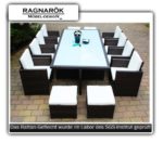 PolyRattan Essgruppe DEUTSCHE MARKE -- EIGNENE PRODUKTION -- 8 JAHRE GARANTIE Tisch + 8 Stuhl & 4 Hocker Garten Möbel mit Glas und Polster Ragnarök-Möbeldesign ( braun ) Gartenmöbel Gartentisch Aluminium Rattan
