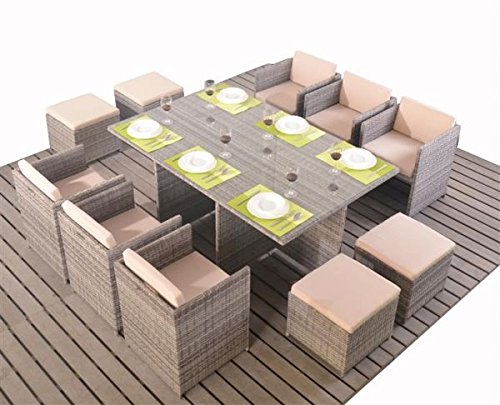 Polyrattan Essgruppe Tischset Würfel Cube für 10 Personen grau