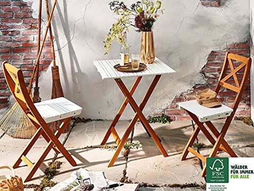 SAM® 3-teilige Balkon-Gruppe, Garten-Möbel aus Akazien-Holz, Tischgruppe bestehend aus 1 x Tisch + 2 x Klappstuhl, geölt, Sitzgruppe mit Oberflächen in weiß, zusammenklappbar, leicht zu verstauen