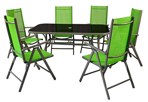 7-teiliges Gartenmöbel-Set – Gartengarnitur Sitzgruppe Sitzgarnitur aus Gartenstühlen & Esstisch – Aluminium Kunststoff Glas – grün