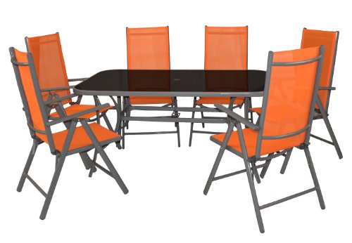 7-teiliges Gartenmöbel-Set – Gartengarnitur Sitzgruppe Sitzgarnitur aus Gartenstühlen & Esstisch – Aluminium Kunststoff Glas – orange