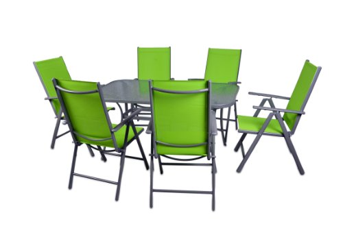 7-teiliges Gartenmöbel-Set – Gartengarnitur Sitzgruppe Sitzgarnitur aus Gartenstühlen & Esstisch (Glasplatte: klar) – Aluminium Kunststoff Glas – grün
