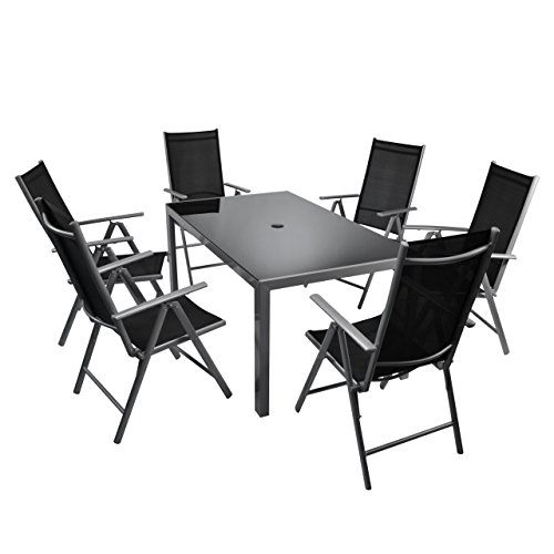 7-teiliges Gartenmöbel-Set – Gartengarnitur Sitzgruppe Sitzgarnitur aus Gartenstühlen & Esstisch (Glasplatte schwarz) – Aluminium Kunststoff Glas – schwarz grau
