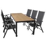 7er Set Gartenmöbel Aluminium Gartentisch mit Polywood Tischplatte 205x90cm + 6x klappbare Hochlehner mit 2x2 Textilengewebe, Rückenlehne 7-fach verstellbar