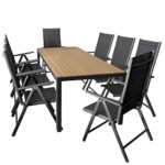 9er Set Gartenmöbel Aluminium Gartentisch mit Polywood Tischplatte 205x90cm + 8x klappbare Hochlehner mit 2x2 Textilengewebe, Rückenlehne 7-fach verstellbar