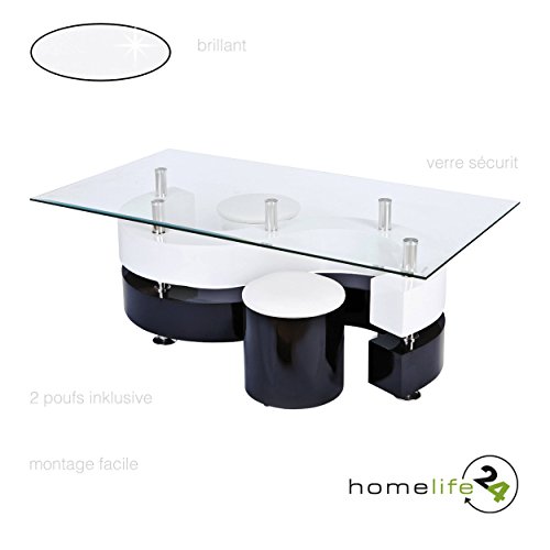 Designer Couchtisch Moderner Wohnzimmertisch Tisch Glastisch mit rechteckige Glasplatte aus Sicherheitsglas mit 2 Hocker schwarz weiß Hochglanz