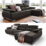 Designer Leder-Ecksofa Parma XXL-Sofa Couch mit Ottomane verstellbare Kopfstützen Teilleder Dunkel-Grau Hell-Grau