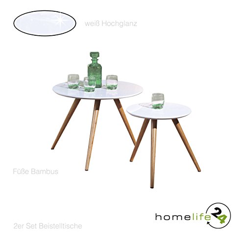 Beistelltisch Couchtisch Design Nachttisch im 2er Set Hochglanz Bambus MDF weiß 50 Jahre Stil