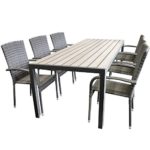 Elegante 7tlg. Gartengarnitur Aluminium Polywood Non-Wood 205x90cm Gartentisch Sitzgruppe Rattan Gartenstuhl Stapelbar Stapelstuhl Terrassenmöbel Gartenmöbel Sitzgarnitur