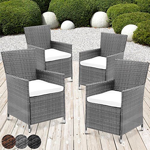 Rattansessel mit Armlehne Stuhl Sessel Garten Stuhl Rattan Outdoor im Set 4 Stück mit Sitzkissen in verschiedenen Farben (Grau)