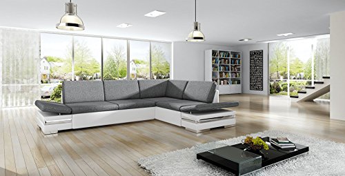 Ecksofa LATINO mit Schlaffunktion Sofa Couch Schlafsofa Polsterecke Bettfunktion (ottomane rechts, kunstleder weiß / stoff INARI 91)