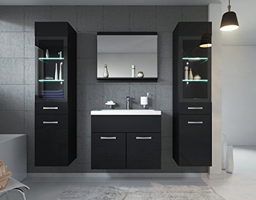 Badezimmer Badmöbel Rio XL LED 60 cm Waschbecken Hochglanz Schwarz Fronten - Unterschrank 2x Hochschrank Waschtisch Möbel