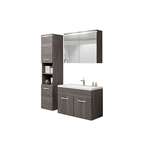 Badmöbel Set Paso mit Waschbecken und Siphon, Modernes Badezimmer, Komplett, Spiegelschrank, Waschtisch, Hochschrank, Hängeschrank Möbel