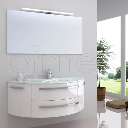 OimexGmbH Design Badmöbel Set „Côte d’Azur“ Weiß Hochglanz Waschtisch 120cm inkl. LED Beleuchtung Armatur und Spiegel Badezimmermöbel Set mit Glas Waschbecken
