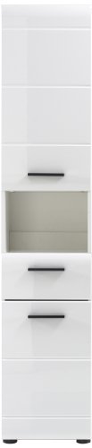trendteam Badezimmer Hochschrank Schrank Skin Gloss, 30 x 182 x 31 cm in Weiß Hochglanz mit offenen Fach und Schubkasten