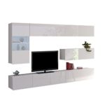 Moderne Wohnwand Calabrini IV, Anbauwand, Mediawand, TV Lowboard, Hängevitrine, Wandregal, Wohnzimmerschrank, Fernsehschrank (ohne Beleuchtung, Weiß/Weiß Hochglanz)