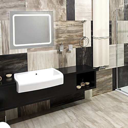 KROLLMANN 1701et LED Badspiegel – 75 x 60 cm – mit Druckschalter zum Ein- und Ausschalten, Badezimmer Wandspiegel mit satinierten Lichtflächen Energieeffizienzklasse A+