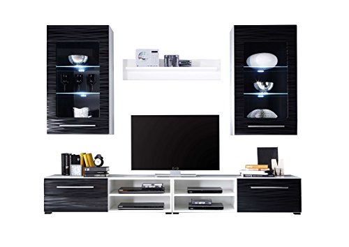 AVANTI TRENDSTORE - Sara - Wohnwand inklusive LED Beleuchtung, aus Holzdekor, weiß / schwarz, besteht aus 1 TV-Möbel, 2 Wandpaneele und 1 Wandboard. Sehr robust und widerstandsfähig. Maße BHT 295x202x44 cm
