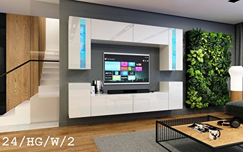 Wohnwand FUTURE 24 Moderne Wohnwand, Exklusive Mediamöbel, TV-Schrank, Neue Garnitur, Große Farbauswahl (RGB LED-Beleuchtung Verfügbar) (LED 16-farbig mit Fernbedienung, Weiß Hochglanz)