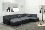 Wohnlandschaft, Couchgarnitur U-Form, ROCKY mit Schlaffunktion 325 x205cm schwarz/grau, Ottomane rechts