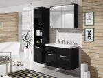 Badmöbel Set Paso mit Waschbecken und Siphon, Modernes Badezimmer, Komplett, Spiegelschrank, Waschtisch, Hochschrank, Hängeschrank Möbel (mit weißer LED Beleuchtung, Schwarz/Schwarz Hochglanz)