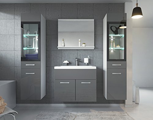 Badezimmer Badmöbel Rio XL LED 60 cm Waschbecken Hochglanz Grau Fronten - Unterschrank 2x Hochschrank Waschtisch Möbel