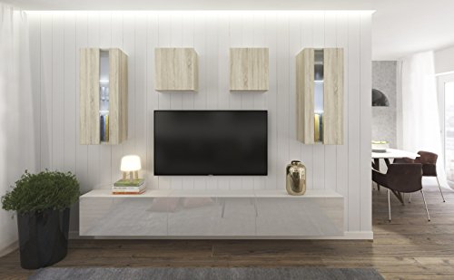 Home Direct SMILE N291, Modernes Wohnzimmer, Wohnwände, Wohnschränke, Schrankwand (Sonoma Eiche und Weiß Matt Base/Sonoma Eiche und Weiß HG Front (HGM42), LED weiß)