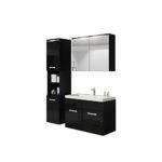 Badmöbel Set Paso mit Waschbecken und Siphon, Modernes Badezimmer, Komplett, Spiegelschrank, Waschtisch, Hochschrank, Hängeschrank Möbel (mit weißer LED Beleuchtung, Schwarz/Schwarz Hochglanz)